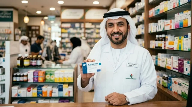 صيدلي عربي يعرض علبة دواء في الصيدلية