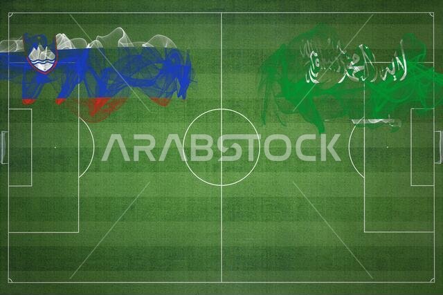 Slovenia vs Saudi Arabia Soccer Match, national colors, national flags, soccer field, football game, Competition concept, Copy space