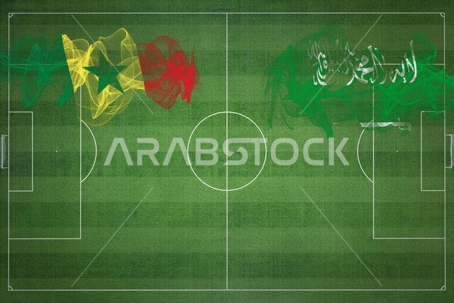 Senegal vs Saudi Arabia Soccer Match, national colors, national flags, soccer field, football game, Competition concept, Copy space