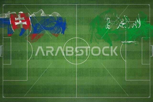 Slovakia vs Saudi Arabia Soccer Match, national colors, national flags, soccer field, football game, Competition concept, Copy space