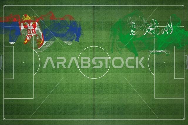 مباراة كرة قدم بين صربيا والسعودية، ألوان العلم الوطني، أعلام الدول، ملعب كرة قدم، مباراة كرة قدم، مفهوم المنافسة، مساحة فارغة