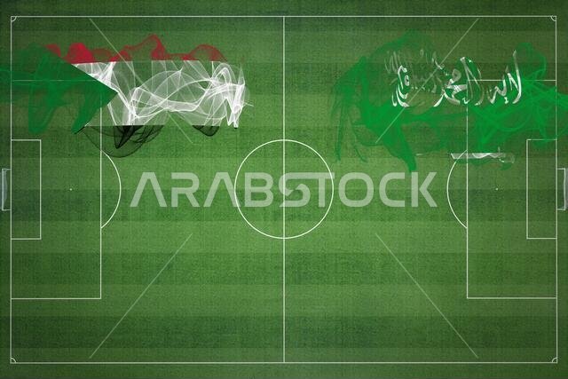 Sudan vs Saudi Arabia Soccer Match, national colors, national flags, soccer field, football game, Competition concept, Copy space