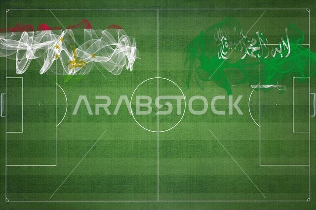 Tajikistan vs Saudi Arabia Soccer Match, national colors, national flags, soccer field, football game, Competition concept, Copy space