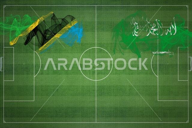 Tanzania vs Saudi Arabia Soccer Match, national colors, national flags, soccer field, football game, Competition concept, Copy space