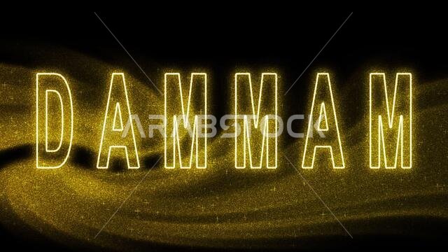 Dammam Gold glitter lettering, Dammam Tourism and travel, Creative typography text banner, on black background.