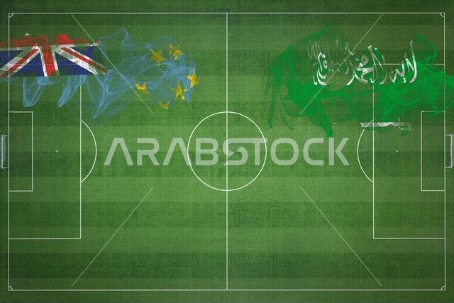 Tuvalu vs Saudi Arabia Soccer Match, national colors, national flags, soccer field, football game, Competition concept, Copy space