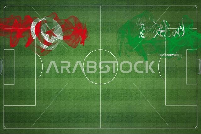 Tunisia vs Saudi Arabia Soccer Match, national colors, national flags, soccer field, football game, Competition concept, Copy space