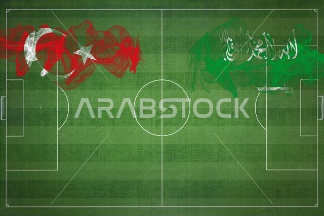 مباراة كرة القدم بين تركيا والسعودية، الألوان الوطنية، الأعلام الوطنية، ملعب كرة القدم، مباراة كرة القدم، مفهوم المنافسة، مساحة فارغة