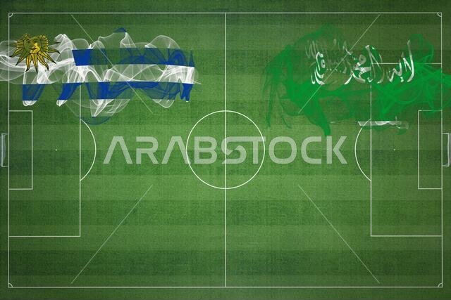 Uruguay vs Saudi Arabia Soccer Match, national colors, national flags, soccer field, football game, Competition concept, Copy space