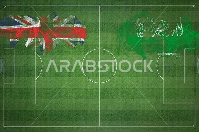 United Kingdom vs Saudi Arabia Soccer Match, national colors, national flags, soccer field, football game, Competition concept, Copy space