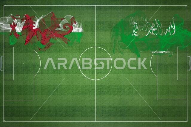 Wales vs Saudi Arabia Soccer Match, national colors, national flags, soccer field, football game, Competition concept, Copy space