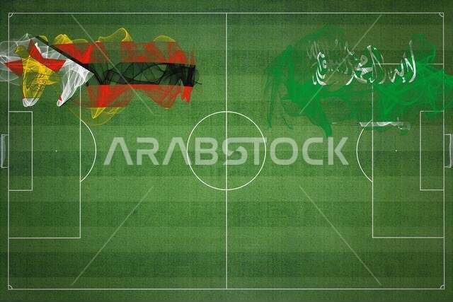 مباراة كرة قدم بين زيمبابوي والسعودية، ألوان العلم الوطني، أعلام وطنية، ملعب كرة قدم، مباراة كرة قدم، مفهوم المنافسة، مساحة فارغة
