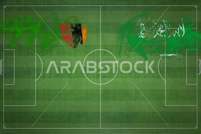 مباراة كرة القدم بين زامبيا والسعودية، الألوان الوطنية، الأعلام الوطنية، ملعب كرة القدم، مباراة كرة القدم، مفهوم المنافسة، مساحة فارغة