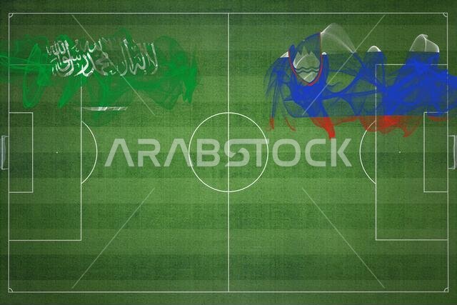 مباراة كرة القدم بين السعودية وسلوفينيا، ألوان العلم الوطني، أعلام الدول، ملعب كرة قدم، مباراة كرة قدم، مفهوم المنافسة، مساحة فارغة