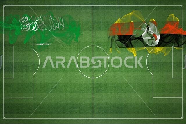 Saudi Arabia vs Uganda Soccer Match, national colors, national flags, soccer field, football game, Competition concept, Copy space