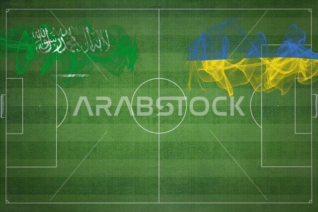 Saudi Arabia vs Ukraine Soccer Match, national colors, national flags, soccer field, football game, Competition concept, Copy space