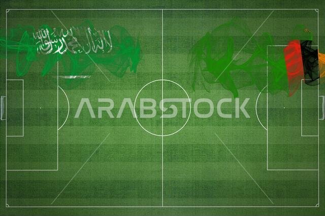 مباراة كرة القدم بين السعودية وزامبيا، الألوان الوطنية، الأعلام الوطنية، ملعب كرة القدم، مباراة كرة القدم، مفهوم المنافسة، مساحة فارغة