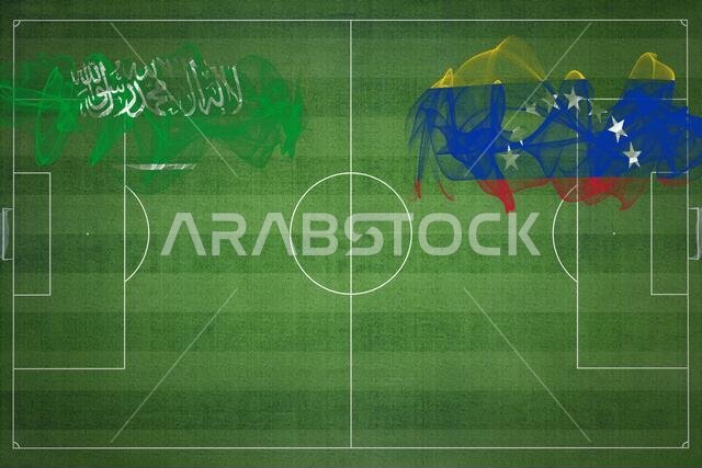 مباراة كرة القدم بين السعودية وفنزويلا، ألوان العلم الوطني، أعلام الدول، ملعب كرة قدم، مباراة كرة قدم، مفهوم المنافسة، مساحة فارغة