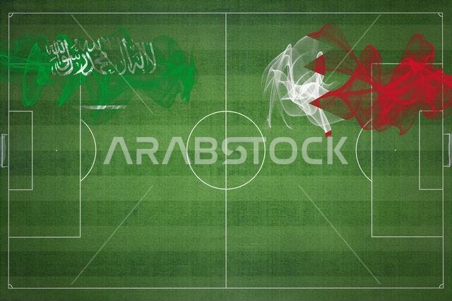 Saudi Arabia vs Bahrain Soccer Match, national colors, national flags, soccer field, football game, Competition concept, Copy space