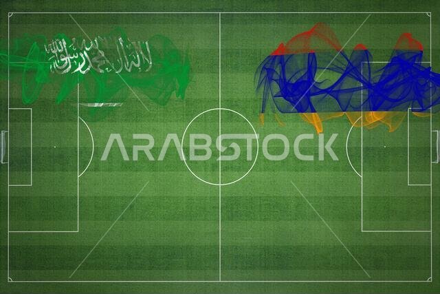 Saudi Arabia vs Armenia Soccer Match, national colors, national flags, soccer field, football game, Competition concept, Copy space