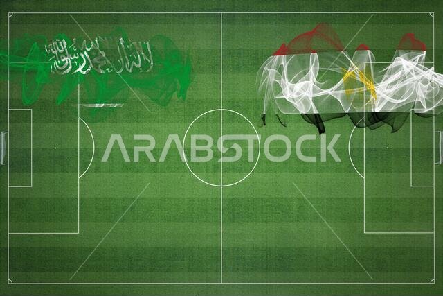 مباراة كرة القدم بين السعودية ومصر، ألوان العلم الوطني، أعلام الدول، ملعب كرة قدم، مباراة كرة قدم، مفهوم المنافسة، مساحة فارغة