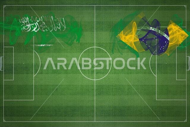 Saudi Arabia vs Brazil Soccer Match, national colors, national flags, soccer field, football game, Competition concept, Copy space
