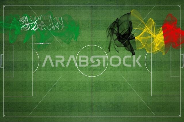 Saudi Arabia vs Belgium Soccer Match, national colors, national flags, soccer field, football game, Competition concept, Copy space