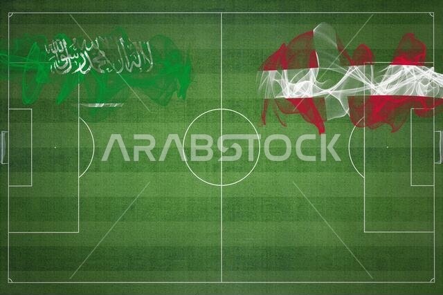 مباراة كرة القدم بين السعودية والدنمارك، ألوان العلم الوطني، أعلام الدول، ملعب كرة قدم، مباراة كرة قدم، مفهوم المنافسة، مساحة فارغة