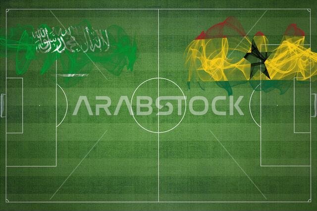 Saudi Arabia vs Ghana Soccer Match, national colors, national flags, soccer field, football game, Competition concept, Copy space
