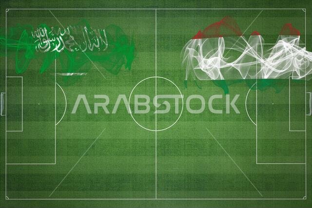 مباراة كرة القدم بين السعودية والمجر، ألوان العلم الوطني، أعلام الدول، ملعب كرة قدم، مباراة كرة قدم، مفهوم المنافسة، مساحة فارغة