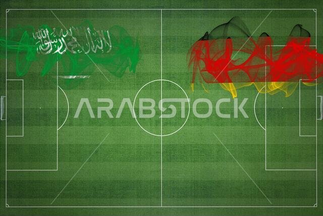 Saudi Arabia vs Germany Soccer Match, national colors, national flags, soccer field, football game, Competition concept, Copy space