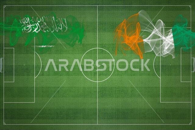 مباراة كرة القدم بين السعودية وساحل العاج، ألوان العلم الوطني، أعلام الدول، ملعب كرة قدم، مباراة كرة قدم، مفهوم المنافسة، مساحة فارغة
