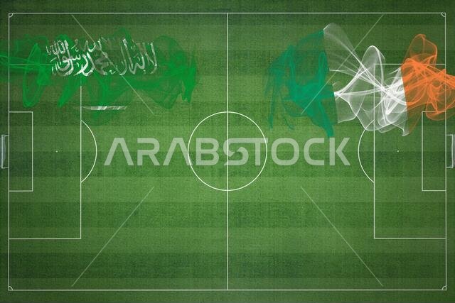 Saudi Arabia vs Ireland Soccer Match, national colors, national flags, soccer field, football game, Competition concept, Copy space
