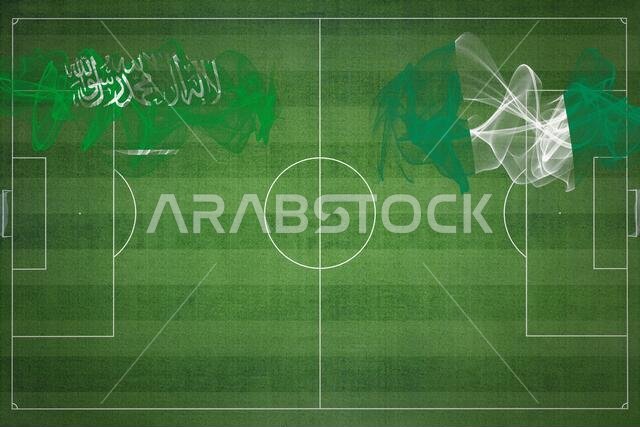 مباراة كرة القدم بين السعودية ونيجيريا، ألوان العلم الوطني، أعلام الدول، ملعب كرة قدم، مباراة كرة قدم، مفهوم المنافسة، مساحة فارغة
