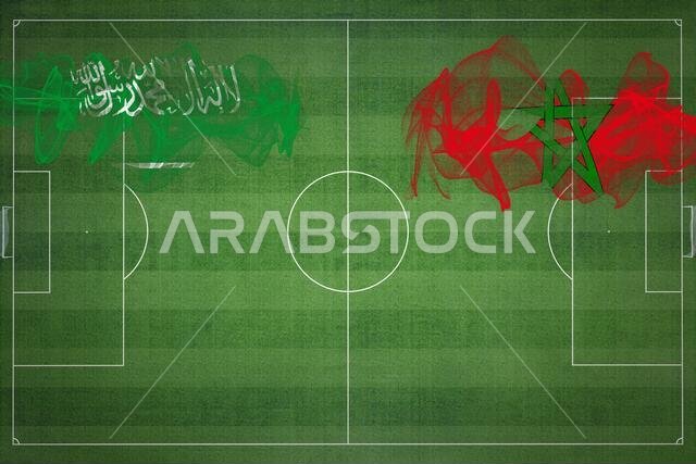 Saudi Arabia vs Morocco Soccer Match, national colors, national flags, soccer field, football game, Competition concept, Copy space