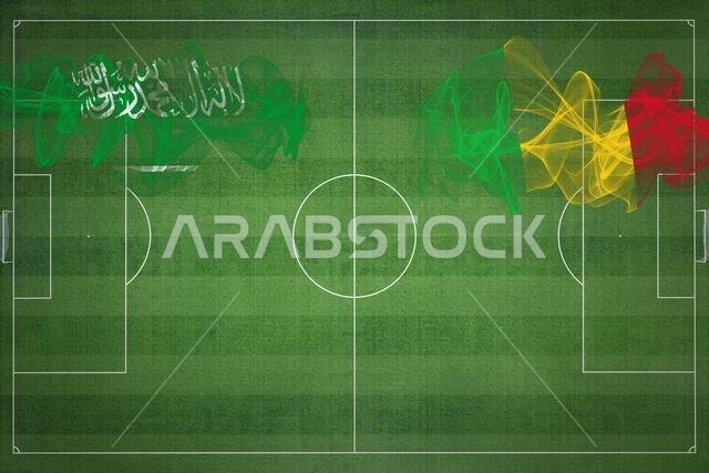 Saudi Arabia vs Mali Soccer Match, national colors, national flags, soccer field, football game, Competition concept, Copy space