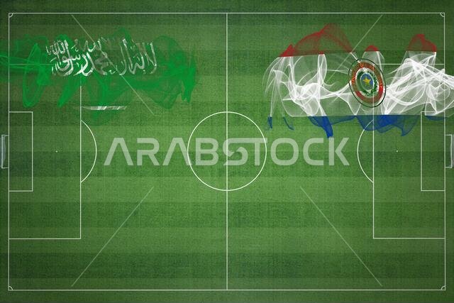 Saudi Arabia vs Paraguay Soccer Match, national colors, national flags, soccer field, football game, Competition concept, Copy space