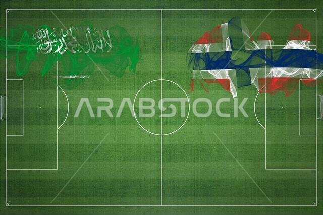 مباراة كرة القدم بين السعودية والنرويج، ألوان العلم الوطني، أعلام الدول، ملعب كرة قدم، مباراة كرة قدم، مفهوم المنافسة، مساحة فارغة
