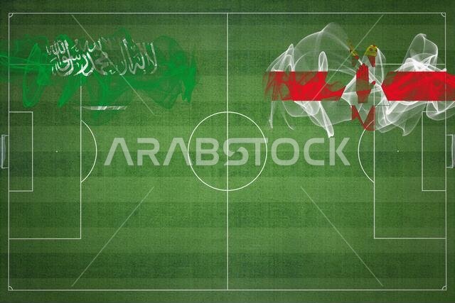 مباراة كرة القدم بين السعودية وأيرلندا الشمالية، ألوان العلم الوطني، أعلام الدول، ملعب كرة قدم، مباراة كرة قدم، مفهوم المنافسة، مساحة فارغة