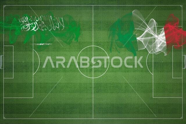 Saudi Arabia vs Italy Soccer Match, national colors, national flags, soccer field, football game, Competition concept, Copy space