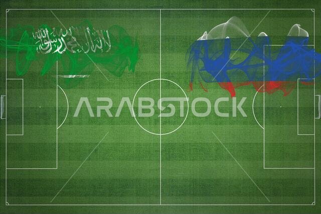 مباراة كرة قدم بين السعودية وروسيا، ألوان العلم الوطني، أعلام الدول، ملعب كرة قدم، مباراة كرة قدم، مفهوم المنافسة، مساحة فارغة