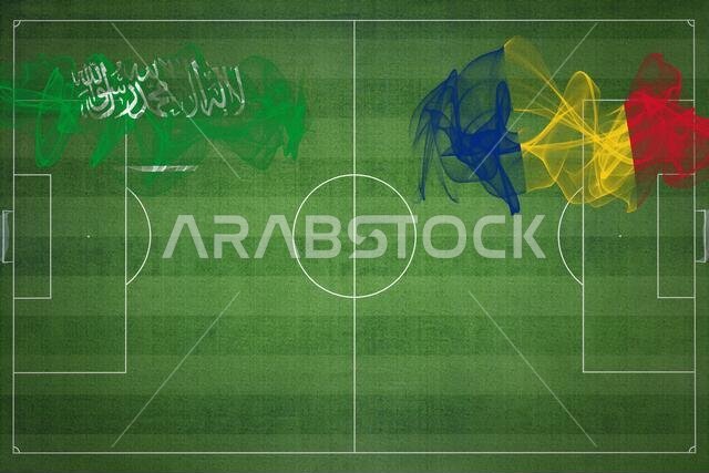 مباراة كرة القدم بين السعودية ورومانيا، ألوان العلم الوطني، أعلام الدول، ملعب كرة قدم، مباراة كرة قدم، مفهوم المنافسة، مساحة فارغة