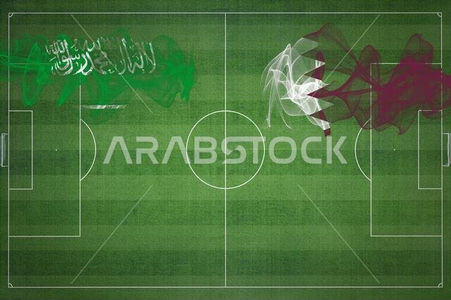 Saudi Arabia vs Qatar Soccer Match, national colors, national flags, soccer field, football game, Competition concept, Copy space
