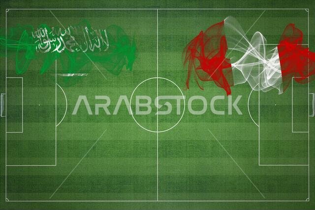 مباراة كرة القدم بين السعودية وبيرو، ألوان العلم الوطني، أعلام الدول، ملعب كرة قدم، مباراة كرة قدم، مفهوم المنافسة، مساحة فارغة