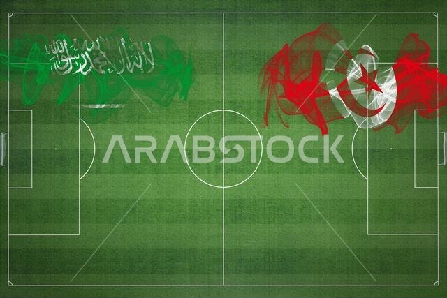 مباراة كرة القدم بين السعودية وتونس، ألوان العلم الوطني، أعلام الدول، ملعب كرة قدم، مباراة كرة قدم، مفهوم المنافسة، مساحة فارغة