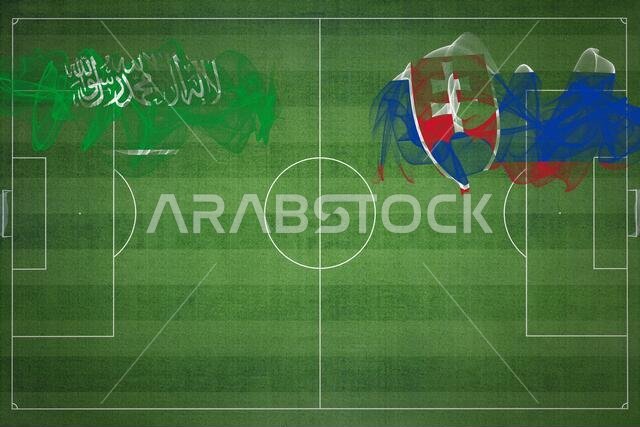 Saudi Arabia vs Slovakia Soccer Match, national colors, national flags, soccer field, football game, Competition concept, Copy space