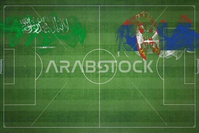 مباراة كرة القدم بين السعودية وصربيا، ألوان العلم الوطني، أعلام الدول، ملعب كرة قدم، مباراة كرة قدم، مفهوم المنافسة، مساحة فارغة