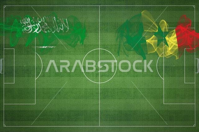 Saudi Arabia vs Senegal Soccer Match, national colors, national flags, soccer field, football game, Competition concept, Copy space