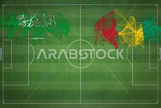 Saudi Arabia vs Guinea Soccer Match, national colors, national flags, soccer field, football game, Competition concept, Copy space