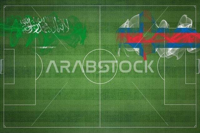 Saudi Arabia vs Faroe Islands Soccer Match, national colors, national flags, soccer field, football game, Competition concept, Copy space